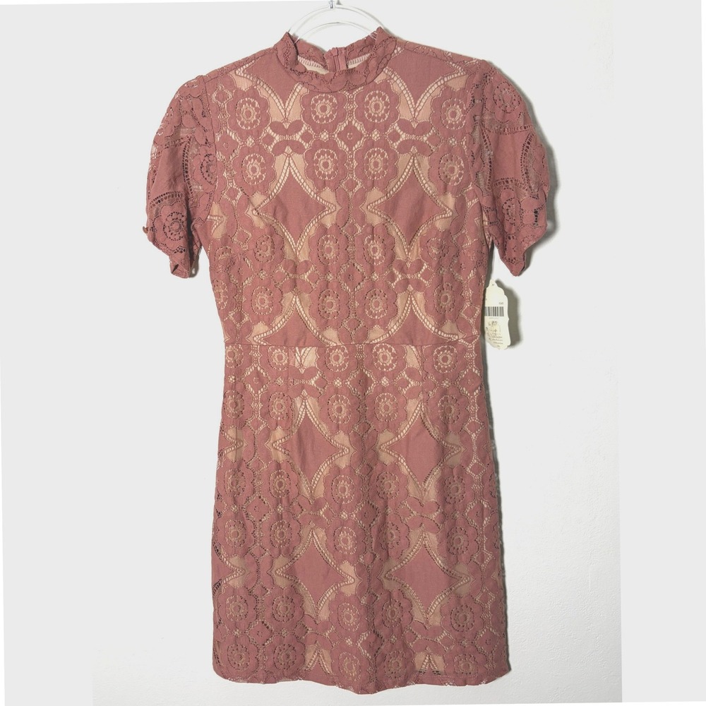 Altar'd State Lace Mini Dress Terracotta Rose Mock Neck Short Sleeve NWT Small